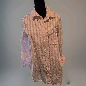 L Jane & Delancey Shirt Pink &White Wrinkle Stripe Button Up 16" Across Shoulder